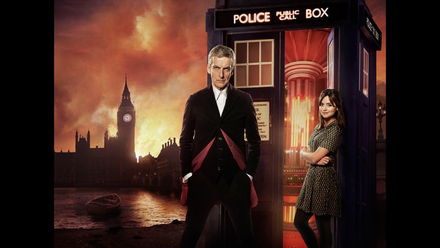 doctor who and clara standing outside the tardis