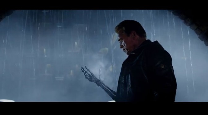 arnold looking at his terminator hand