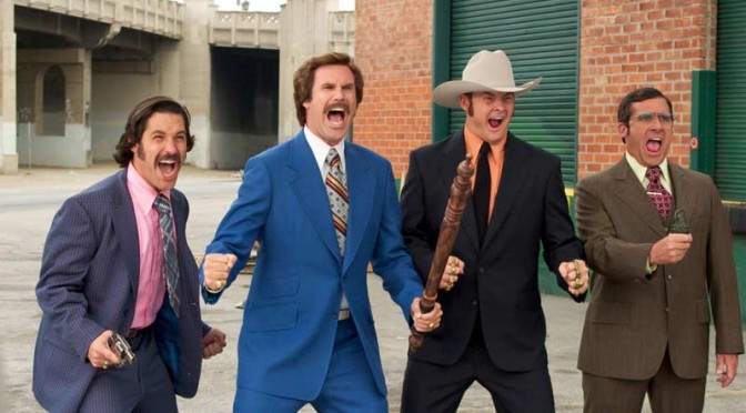 the cast of anchorman gearing up for a bralw