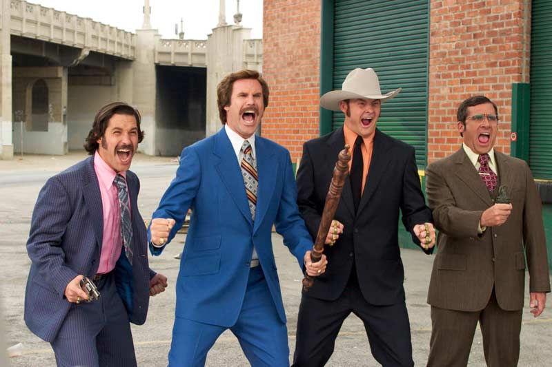 the cast of anchorman gearing up for a bralw