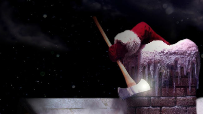 Santa with ax going down chimeny