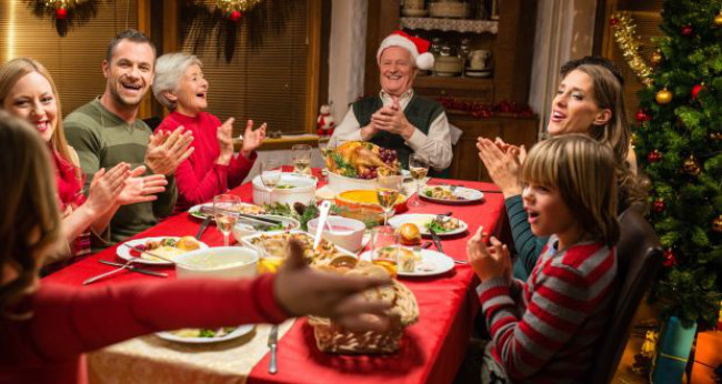 A random family eats Christmas dinner