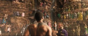 T'Challa looks up at the royals of Wakanda during his coronation in Black Panther