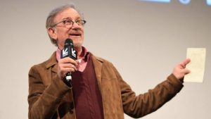 Steven Spielberg speaks to an audience about movie making