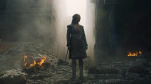 Arya stands in the rubble of King's Landing during The Bells episode 5 of Game of Thrones