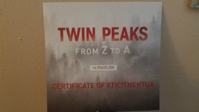certificate of authenticity of the Twin Peaks Z to A box set
