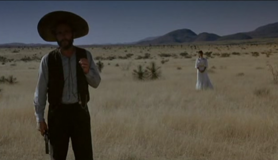 Paul Newman and Victoria Principal standing in a field.