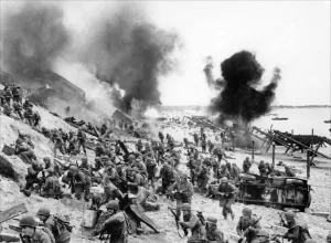 Explosions on Omaha Beach.